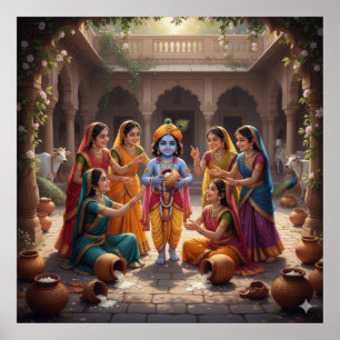 Poster Encantador Bala Krishna Radiante com Gopis