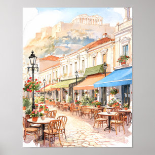 Poster Encantadora Atenas Grécia Rua Aquarela