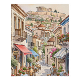 Pôster Encantadora Atenas Grécia Rua Aquarela