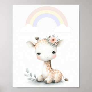 Poster Encantadora Girafa Com Pastel Rainbow