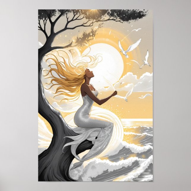 Poster Encantadora Sereia Doce Sentada Sob O Sol (Frente)