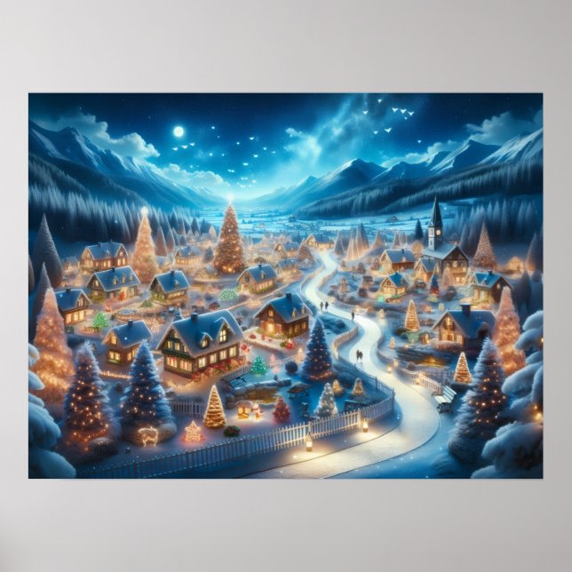 Poster Encantadora Vila de Natal à Noite (Frente)