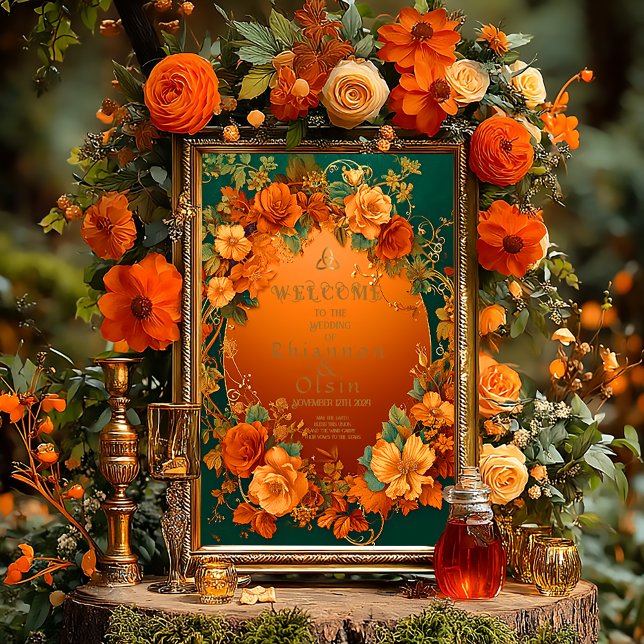 Pôster Encantando Casamento de Druida de Outono Laranja e (Druid Hills Autumn Wedding Floral Glossy Welcome Poster )