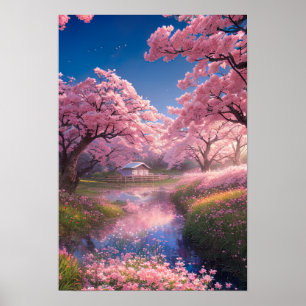 Poster Encantando Hut entre Sakura Trees