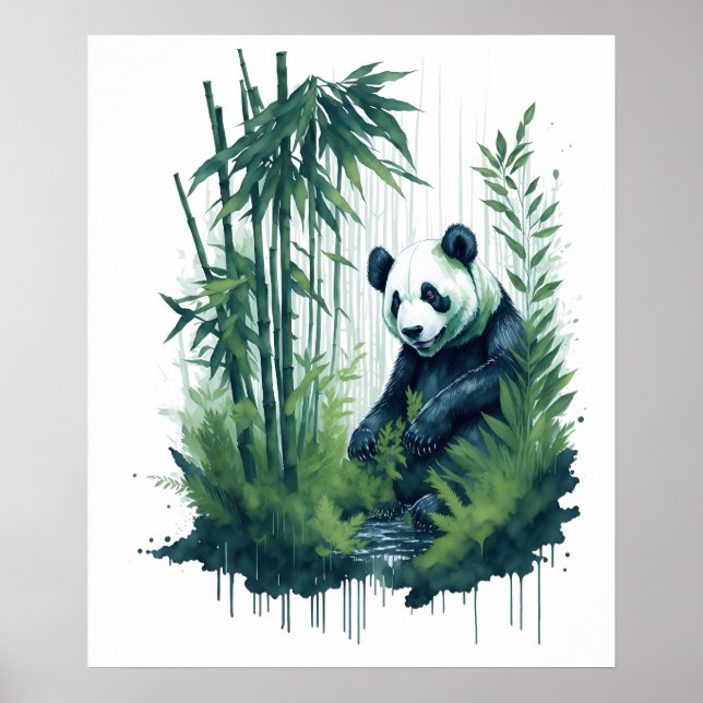 Poster Encantando Panda de Aquarela em Floresta de Bambu (Frente)