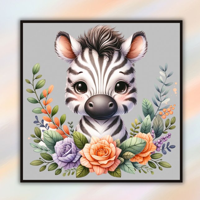 Poster Encantando Pequena Zebra com Floral | (Criador carregado)