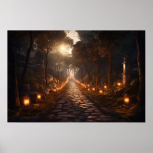Poster Encerrando o caminho de pedra na floresta no crepú