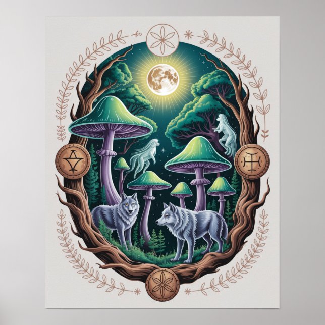 Poster Enchanted Moonlit Wolves and Psychedelic Mushrooms (Frente)