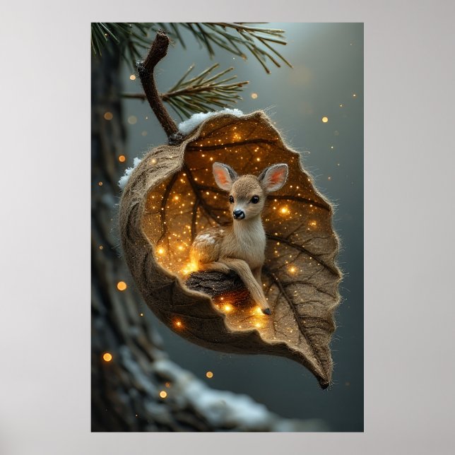 Poster 🦌 Enchanted Winter Fawn – Glowing Leaf Cocoon (Frente)