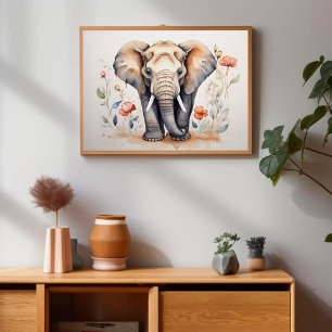 Poster Encharcando Elephant & Blooms Watercolor Painting
