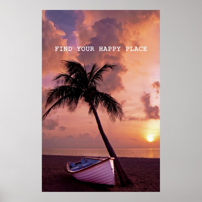 Poster Encontre Seu Lugar Feliz - Linda Praia, Palm Tree (Frente)