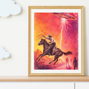 Poster Encontro OVNI de Cowboy – Ficção Científica Vintag
