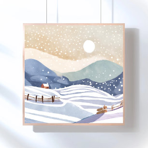 Poster Encosta Nevada Inverno em Aquarela