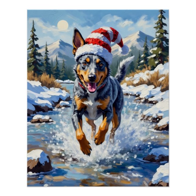 Pôster Energetic Blue Heeler Dog Winter Creek Christmas (Frente)