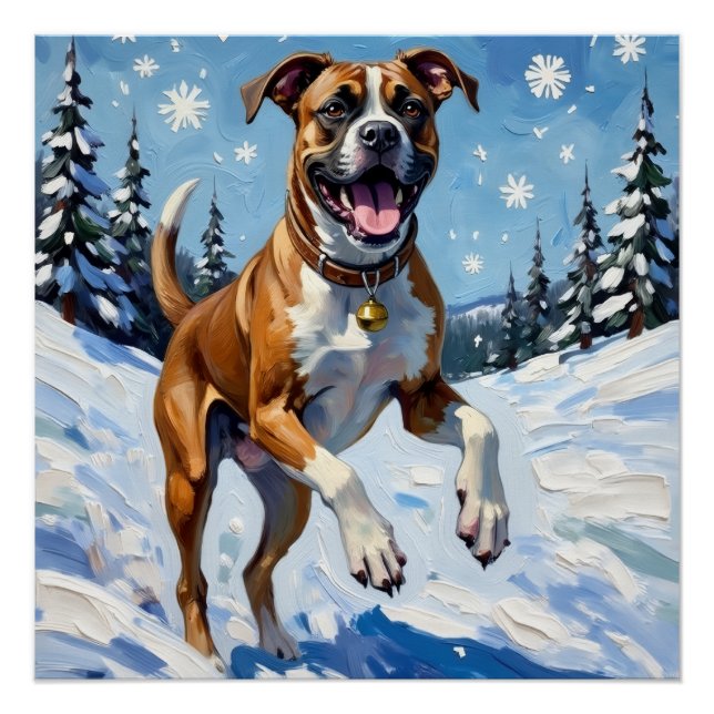 Pôster Energetic Boxer Dog Leaping in Winter Snow Fun (Frente)