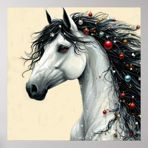 Poster Enfeite de Natal Cavalo Branco Crina Arte de Inver