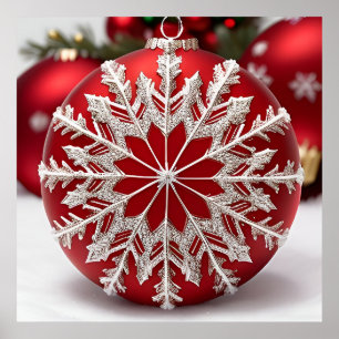 Poster Enfeite de Natal Vermelho Elegante com Floco de Ne