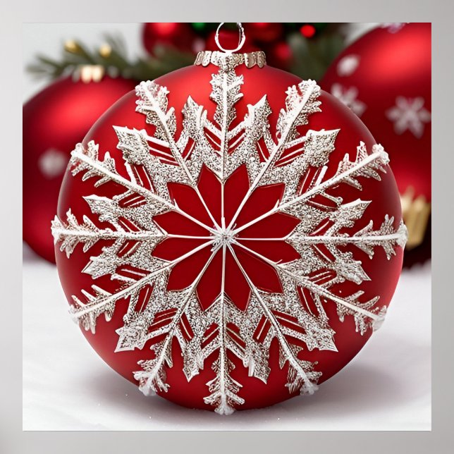 Poster Enfeite de Natal Vermelho Elegante com Floco de Ne (Frente)