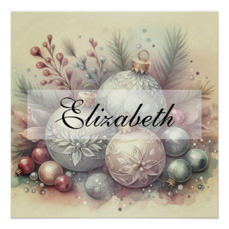 Pôster Enfeites de natal Vintage Pastel Watercolor