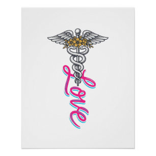 Pôster Enfermeira Amor Caduceu Floral Médico Desenho Vert