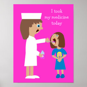 Pôster Enfermeira de Cartoon Bonita Dando Medicina Infant