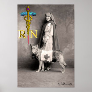 Pôster ENFERMEIRA E CÃO DE RESGATE /Emblema RN Caduceu Do