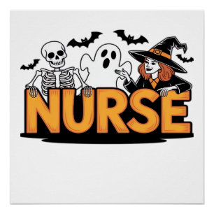 Pôster Enfermeira - Halloween - com fantasma, bruxa e esq
