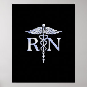 Pôster Enfermeira Registrada RN Silver Caduceus a Preto