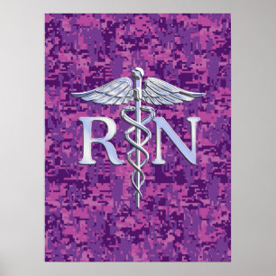 Pôster Enfermeira Registrada RN Silver Caduceus em Pink C