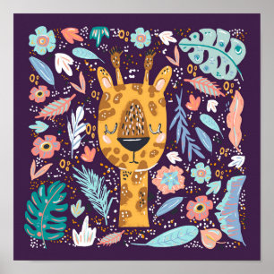 Poster Enfermeira Tropical de Girafa Sonolenta em Roxo