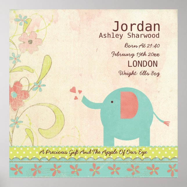 Pôster Enfermeiro de Elefante, Cute Unisex Data de Nascim (Frente)