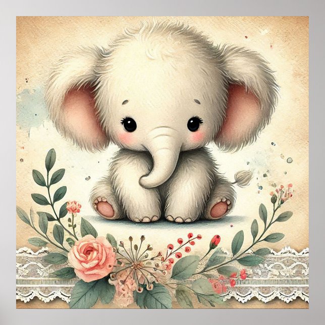 Poster Enfermeiro Floral de Elefante para Bebês (Frente)