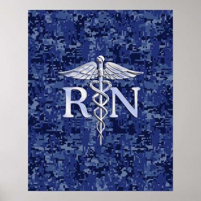 Poster Enfermeiro Registrado RN Caduceus no Marinho Blue  (Frente)