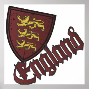 Pôster England Three Lions Wooden Shield