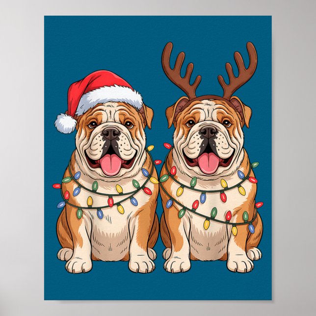 Poster English Bulldog Christmas Santa Hat Reindeer Light (Frente)