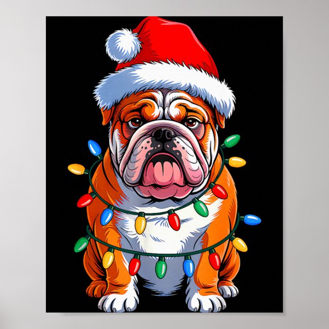 Poster English Bulldog Dog Christmas Lights Santa Hat Xma (Frente)