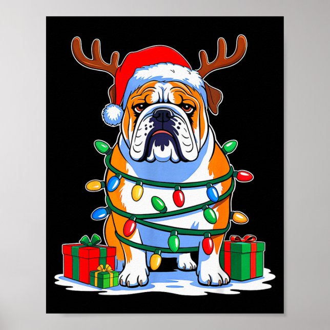 Poster English Bulldog Dog Tree Christmas Lights Funny Xm (Frente)
