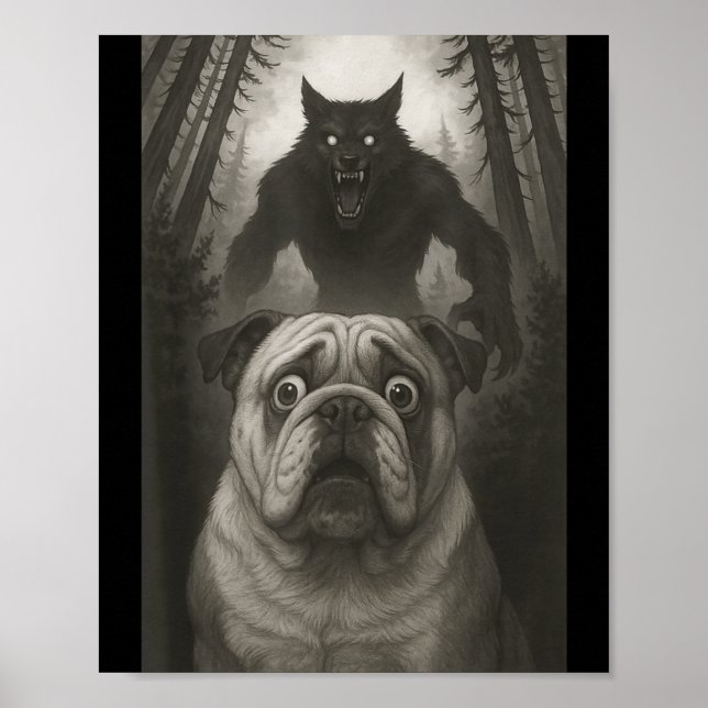 Poster English Bulldog Selfie With Werewolf Funny  (Frente)