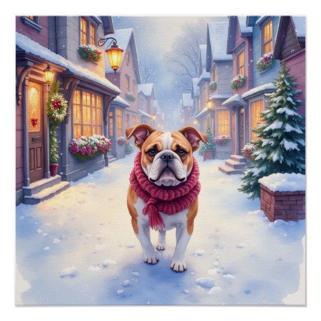 Pôster English Bulldog Snowy Christmas Village Holiday (Frente)