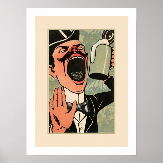 Pôster Engraçada boca grande vintage bebendo de cerveja (Frente)