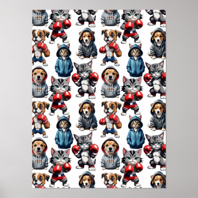 Poster Engraçado Boxing Cat Dog Pattern Design (Frente)