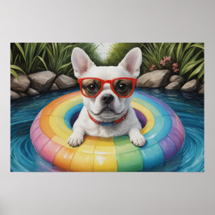 Poster Engraçado Bulldog Francês Flutuando em um Pond