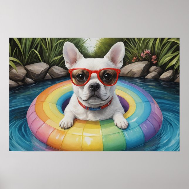 Poster Engraçado Bulldog Francês Flutuando em um Pond (Frente)