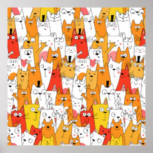 Poster Engraçado Cartoon Cats Group Doodle
