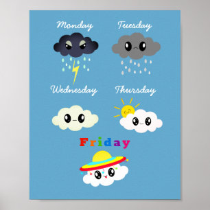 Poster Engraçado Colorido Kawaii Cartoon Cloud TGIF Kid