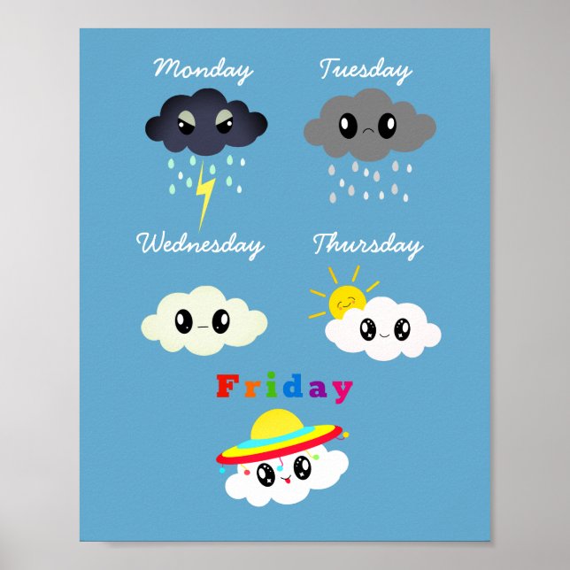 Poster Engraçado Colorido Kawaii Cartoon Cloud TGIF Kid (Frente)
