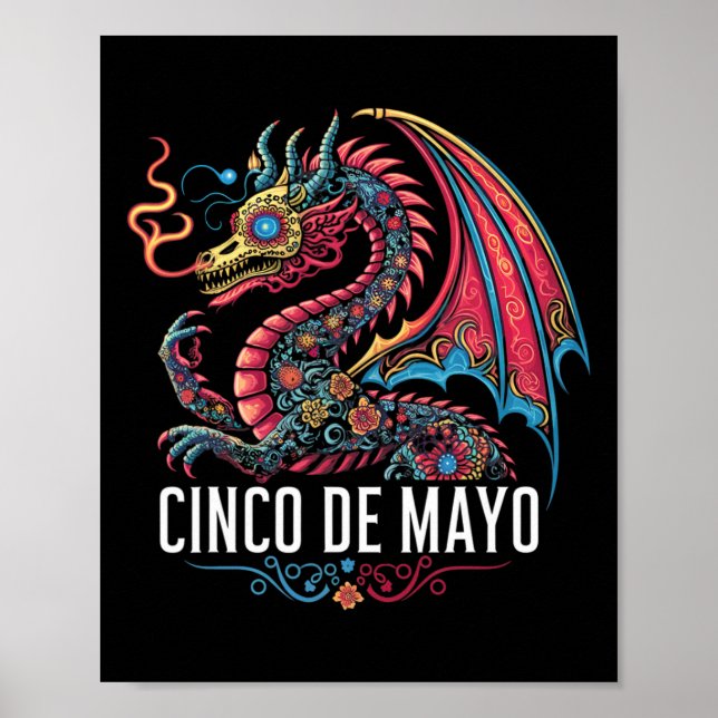 Poster Engraçado Dragão Cinco de Mayo Sugar Flor do Crâni (Frente)