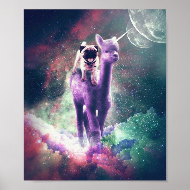Poster Engraçado Espacial Andando Em Alpaca Unicorn (Frente)