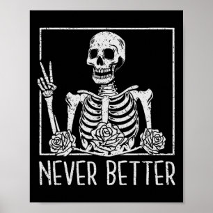Poster Engraçado Floral Halloween Bebendo esqueleto Café