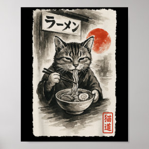 Poster Engraçado Gato Comendo Ramen Noodles Sumi-e Japonê
